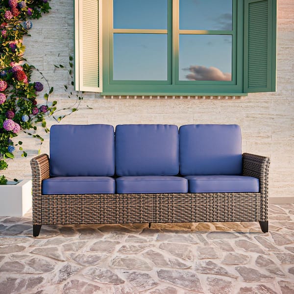 3 Seat Wicker Outdoor Patio Sofa Couch with Deep Seating and Blue Cushions