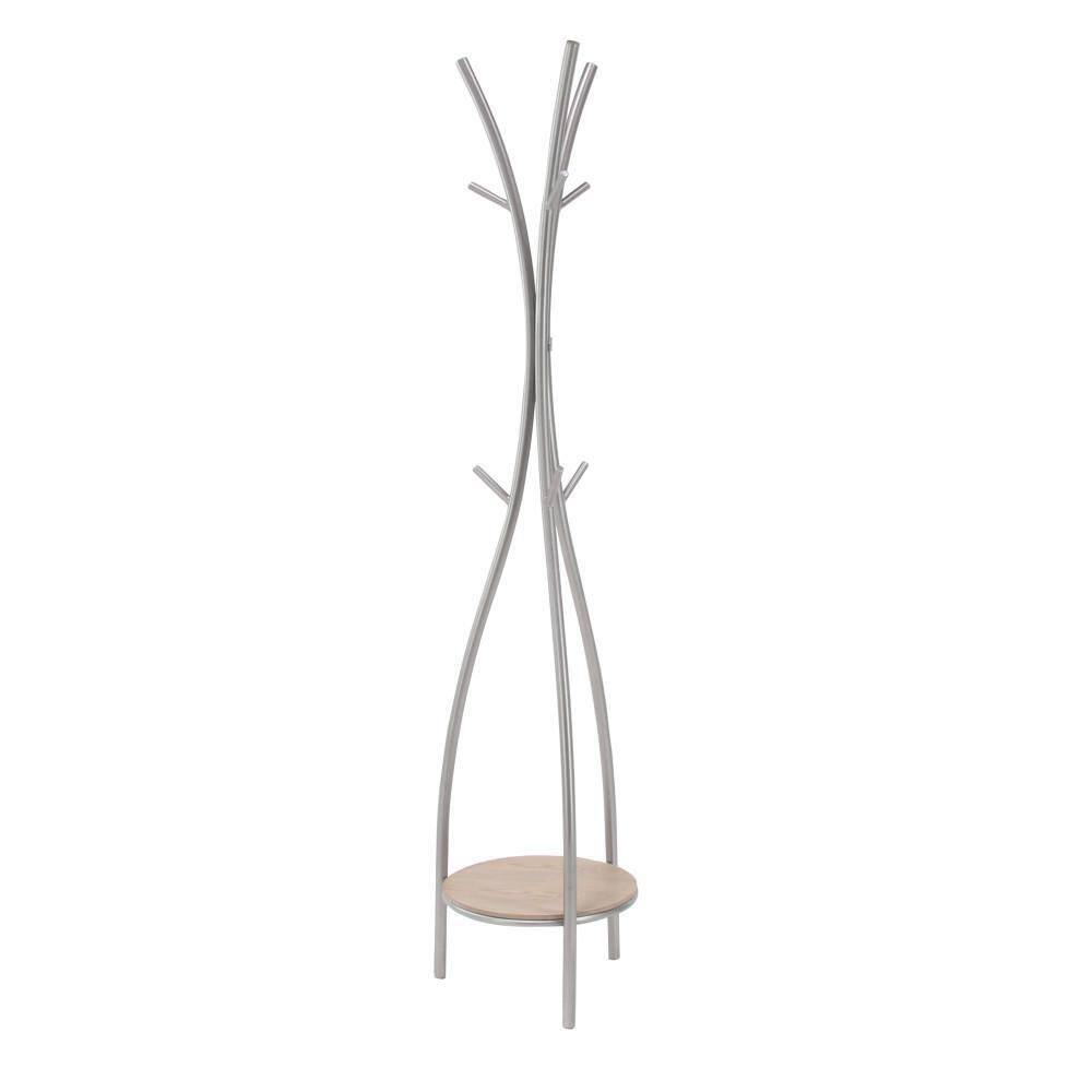 Silver and Beige Metal Freestanding Coat Rack with Shelf