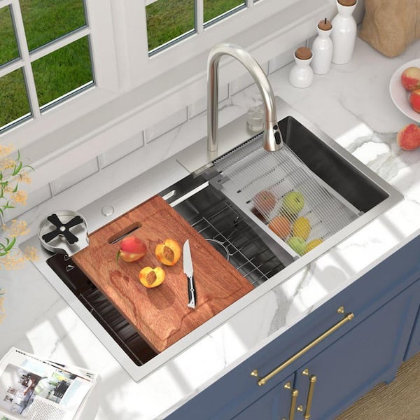 33 in. x 19 in. Drop-In 16-Gauge Stainless Steel Single Bowl Workstation Kitchen Sink with Faucet and Accessories