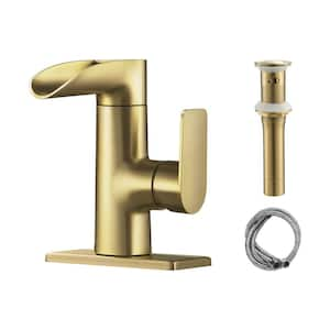 Waterfall Single Handle Single Hole Bathroom Faucet in Brushed Gold