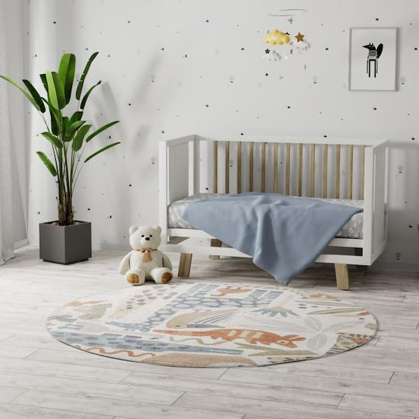 Astra Machine Washable Ivory 4 ft. x 4 ft. Graphic Contemporary Round Area Rug