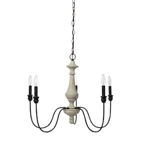 5-Light Matte Black and Distressed White Chandelier 2-Tone Metal