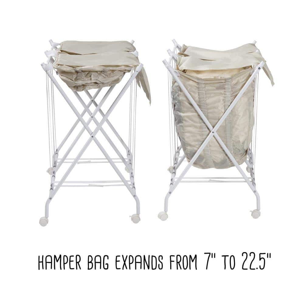 White and Natural Collapsible Double Laundry Hamper with Wheels