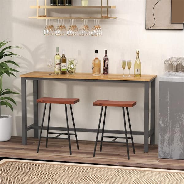 24 in. Walnut Metal Frame Bar Stool with Saddle Wood Seat (Set of 2 )