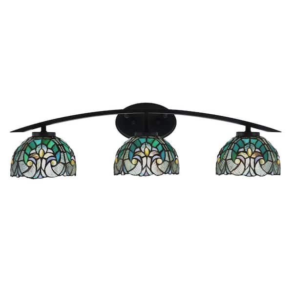 Unbranded Siena 29 in. 3-Light Vanity Light Matte Black with Turquoise Cypress Art Glass Shades