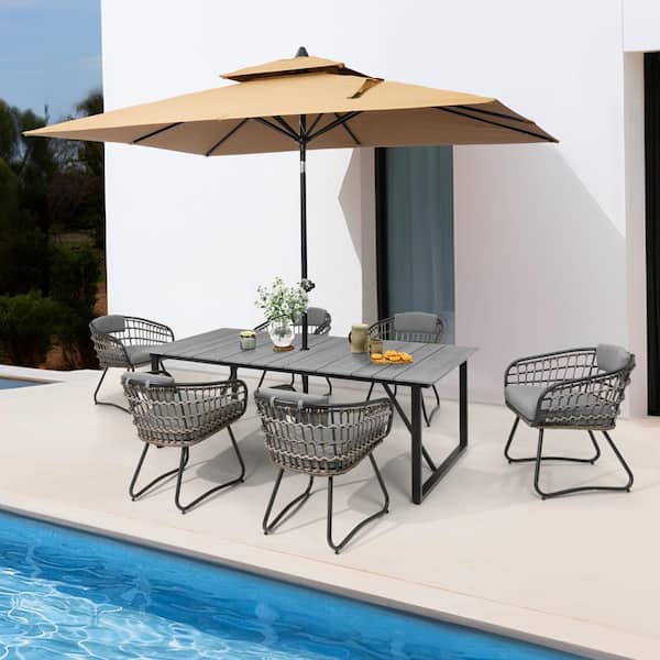 Pellebant 7-Piece Faux Rattan Wicker Metal Aluminum Outdoor Dining Set with Gray Cushion and Umbrella Hole