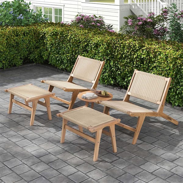 Teak Wood Natural Rope Lounge Occasional Chair (Set of 2) with Ottoman