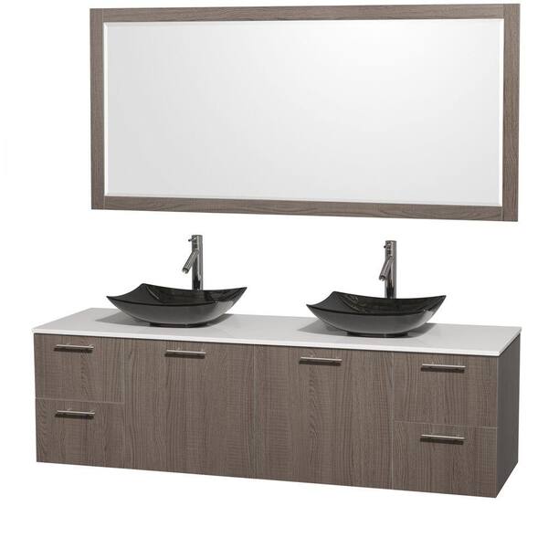 Wyndham Collection Amare 72 in. Double Vanity in Gray Oak with Solid-Surface Vanity Top in White, Granite Sinks and 70 in. Mirror