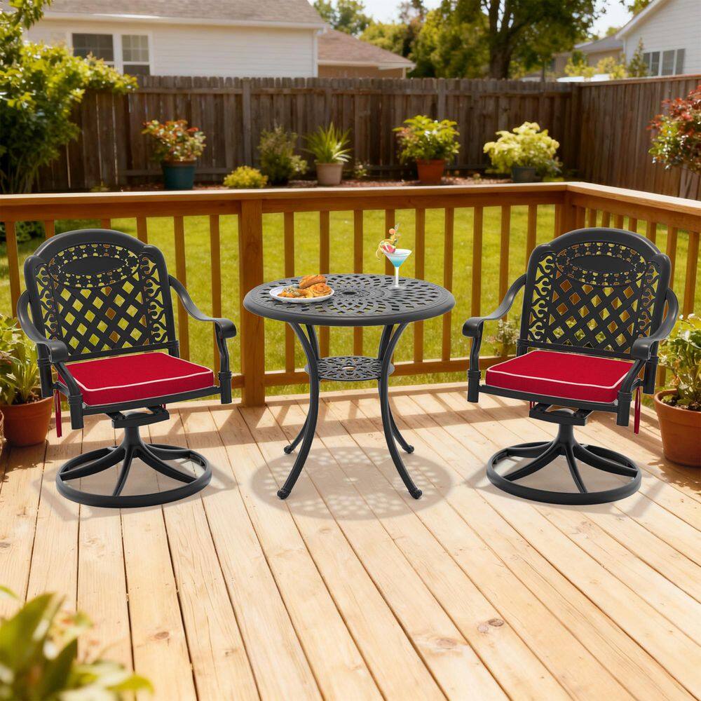 Black 3-Piece Cast Aluminum Patio Outdoor Dining Set with 2 Swivel Rockers with Red Cushions and 30.71 in. Round Table price history on PriceWatchPro