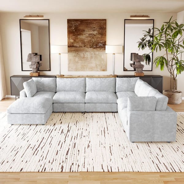Magic Home Minimalist 134 in. Square Arm Chenille L-Shaped Modular Sofa, Lawson Cloud Couch with Removable Covers in. Gray