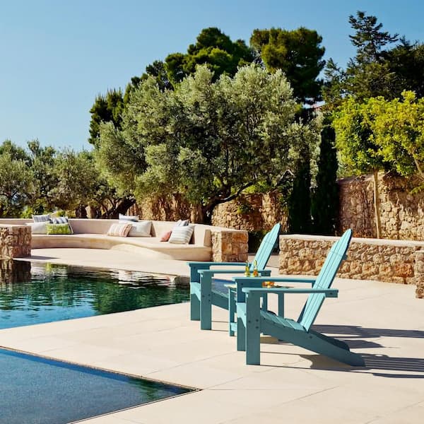 Hampton Curveback Lake Blue Recycled Plastic Outdoor Patio Adirondack Chair with Cup Holder Fire Pit Chair Set of 8