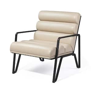 Modern Beige Wavy Leatherette Accent Armchair with Black Metal Frame
