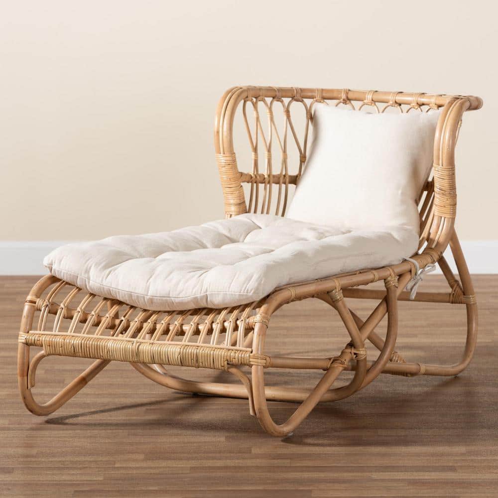 Handcrafted Natural Brown Rattan Chaise with Cushions