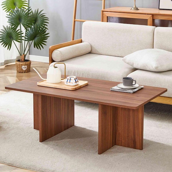 Polibi 44.8 in. Walnut Rectangle MDF Coffee Table with Wood Grain Texture Finish