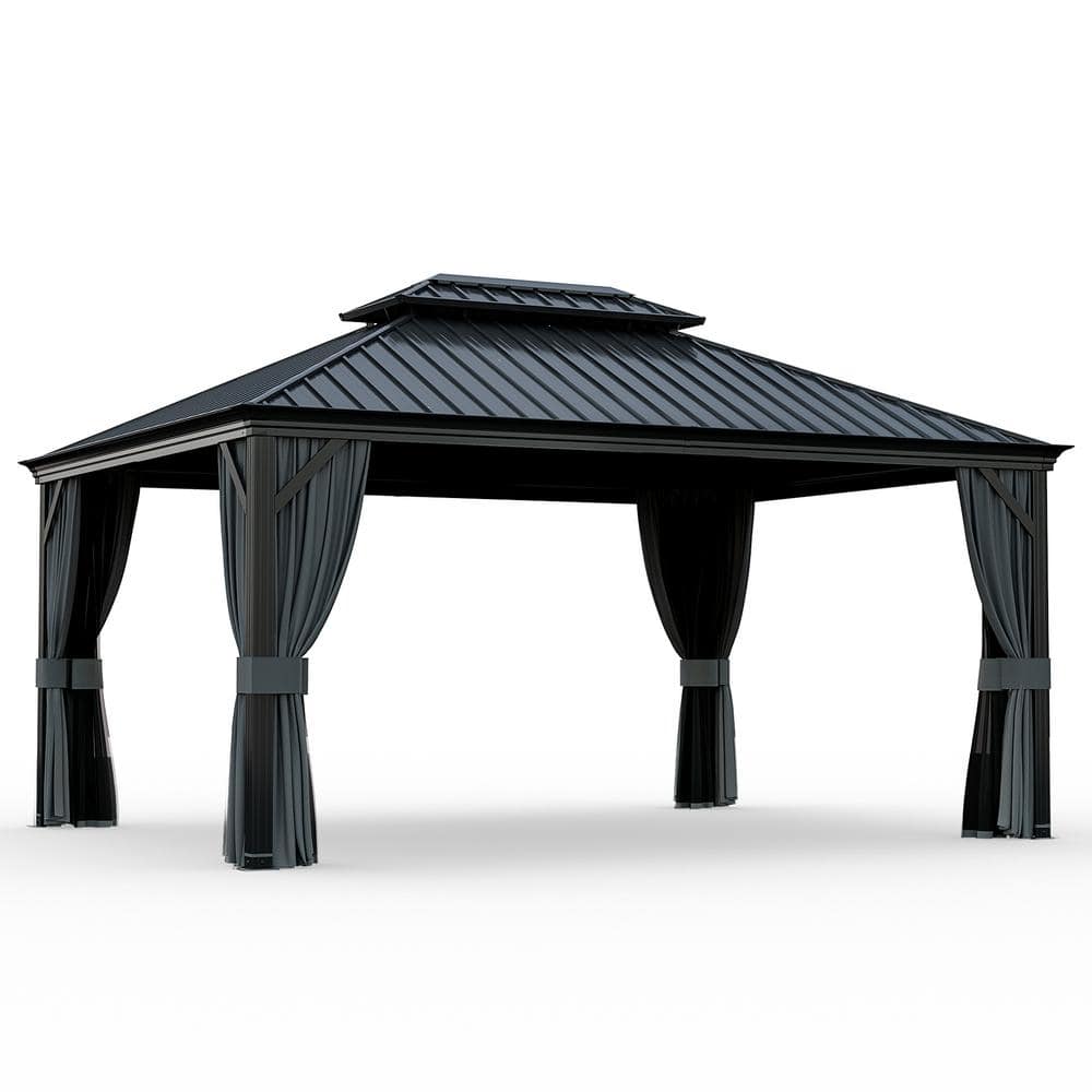 12 ft. x 16 ft. Double Roof Hardtop Aluminum Patio Gazebo with Netting and Gray Curtains price history on PriceWatchPro