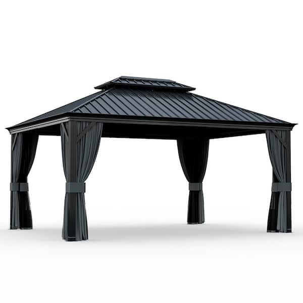 ChillPavilion 12 ft. x 16 ft. Double Roof Hardtop Aluminum Patio Gazebo with Netting and Gray Curtains