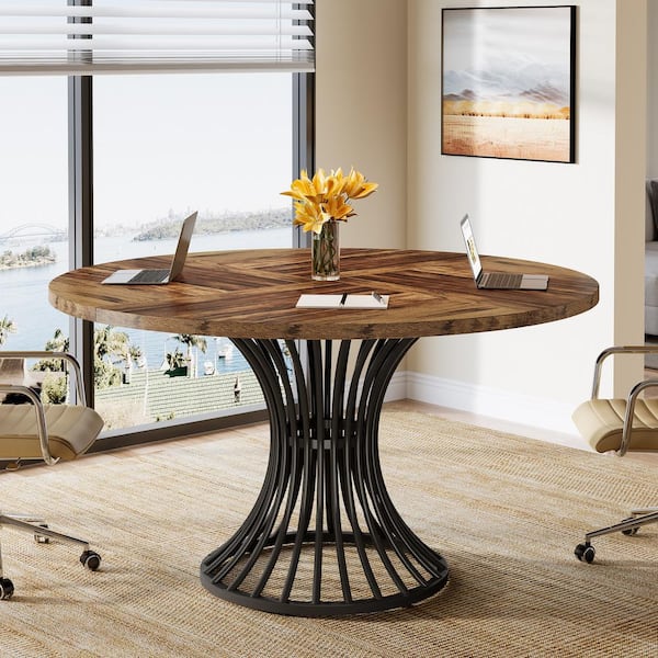 Halseey 47 in. Round Rustic Brown Wood Conference Table with Black Metal Pedestal, Meeting Table Desk Dining Table for 4