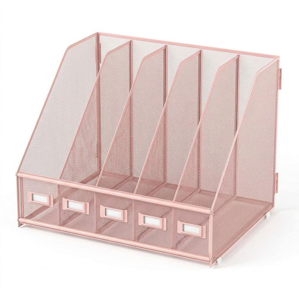 Pink 16.34 in. x 12.4 in. Metal 5-Compartment Desk Magazine Holder ...