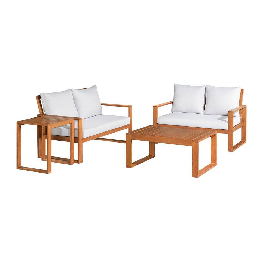 Grafton Eucalyptus Wood 4-Piece Set with Two 2-Seat Benches, Coffee Table a