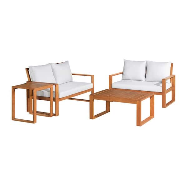 Alaterre Furniture Grafton Eucalyptus Wood 4-Piece Set with Two 2-Seat Benches, Coffee Table and Cocktail Table