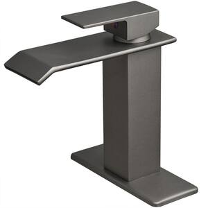 Single Handle Single Hole Bathroom Faucet with Deckplate Modern Brass Waterfall Bathroom Sink Faucets in Gray