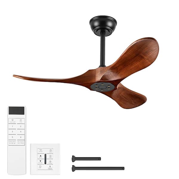 36 in. Black Standard Ceiling Fan with Brown Wood Blades, No Light, Downrod Mount, 6-Speed DC Motor, Remote Control