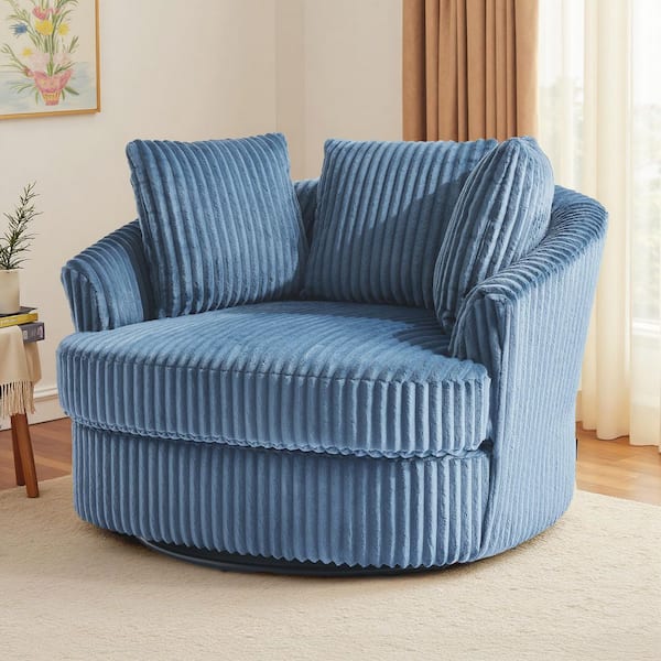 Blue Faux Rabbit Fur Polyester Fabric Upholstered 360° Swivel Accent Barrel Chair (Set of 1)