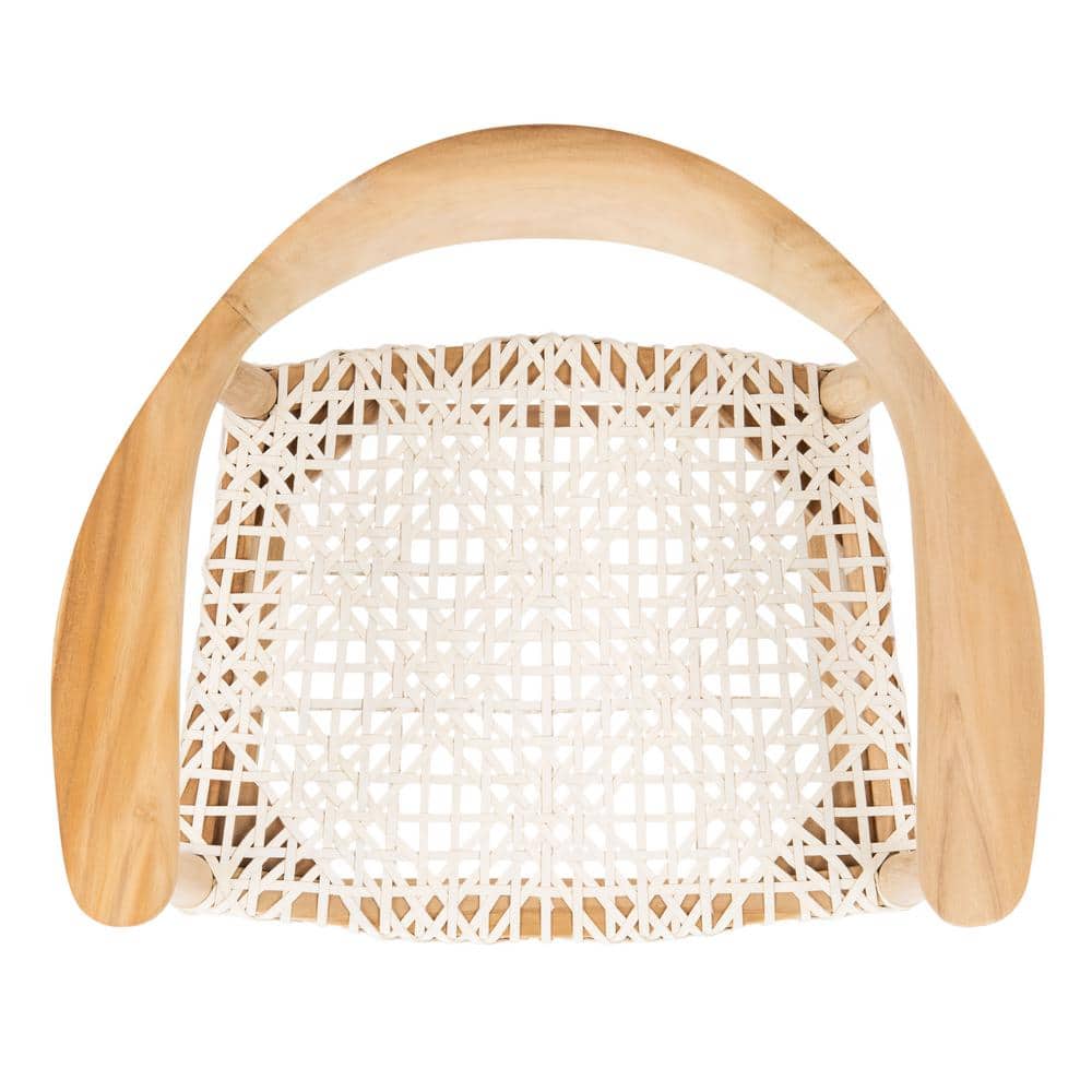 Curved Natural Teak & Woven White Leather Counter Stool