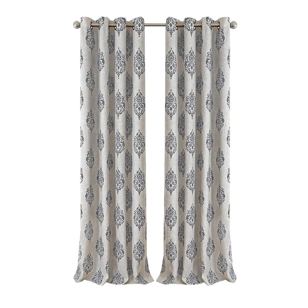 Gray and White Medallion Room Darkening Grommet Drapes