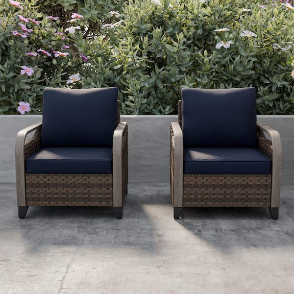 Patio Wicker Outdoor Lounge Chair with Blue Cushions(2-Pack)