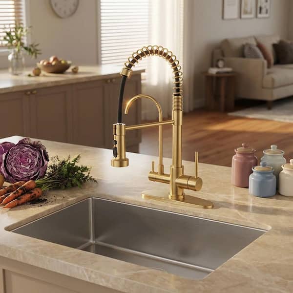 17.5 in. Double Handle Pull Down Spray Kitchen Faucet with Drinking Water Filter and 360° Spout in Brushed Gold