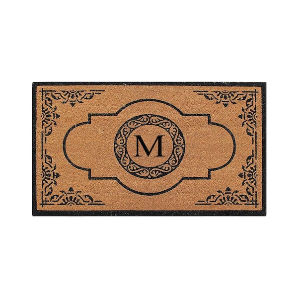A1 Home Collections A1HC Abrilina Hand Crafted Black/Beige 36 in. x 72 in. Coir & PVC Heavy Weight Outdoor Entryway Monogrammed M Door Mat