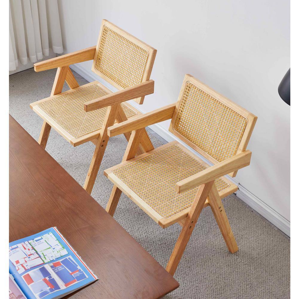 Set of 2 Retro Wood Color Faux Rattan Woven Dining Chair for Home Living Room Dining Garden Balcony Leisure Arm Chair, Beige+Brown
