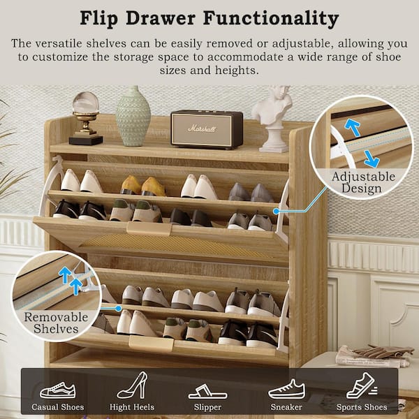 44.9 in. x 47.2 in. Light Brown Rattan Shoe Storage Cabinet with Bench, 2 Flip Drawers and Hidden Storage for Entryway