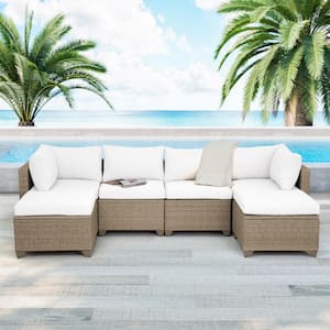 Maui 6-Piece Wicker Patio Conversation Set with Linen White Cushions