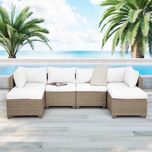 TK CLASSICS Maui 6-Piece Wicker Patio Conversation Set with Linen White Cushions