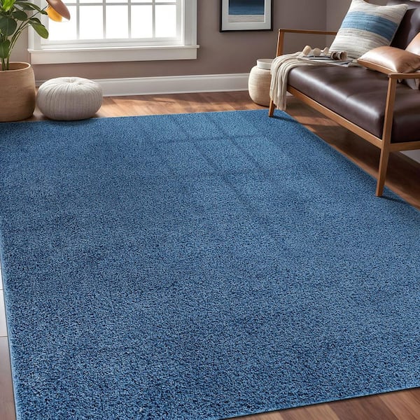 6 ft. x 9 ft. Blue Silky Solid Plus Thick Pile Non Slip Easy Clean Non Shedding Modern Indoor Area Rug
