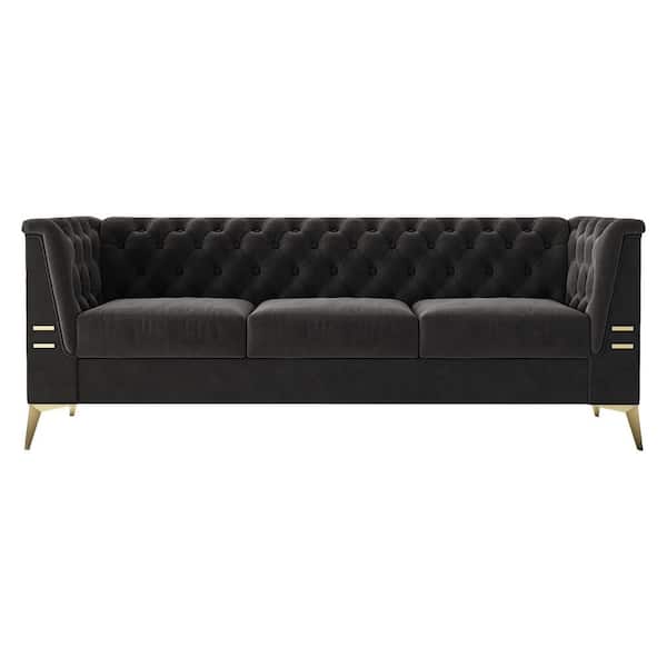Unbranded 82.7 in. W Chesterfield Flared Arm Velvet Tufted Rectangle Straight 3-Seat Sofa in Black