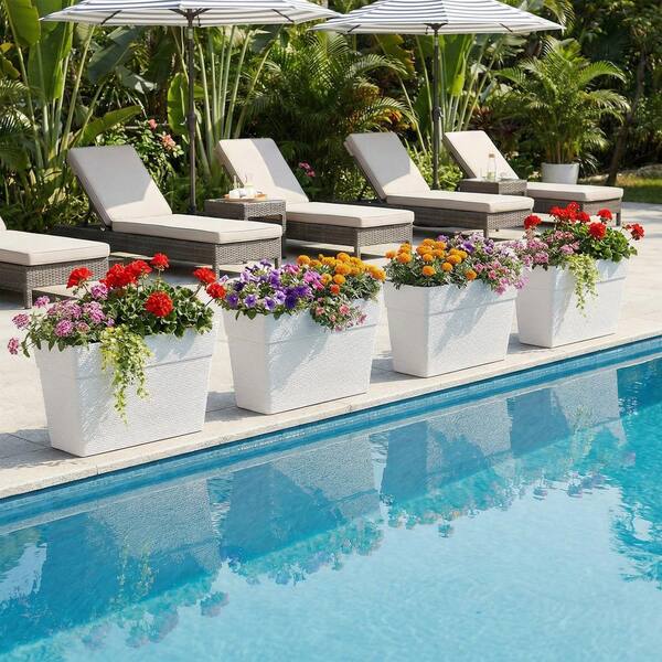 Dovelina Large 32 in. D White All-Weather Plastic Pedestal Planter Set Stone Texture (2-Pack)