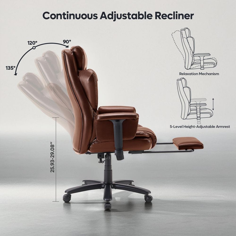 Faux Leather High-Back Ergonomic Office Chair in Brown with Adjustable Padded Arms, Swivel Chair with Headrest&Footrest - Thumbnail 4