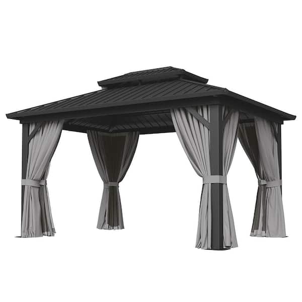 Sizzim 10 ft. x 14 ft. Outdoor Black Aluminum Hardtop Gazebo with Galvanized Steel Double Roof, Privacy Curtain, Mosquito Net