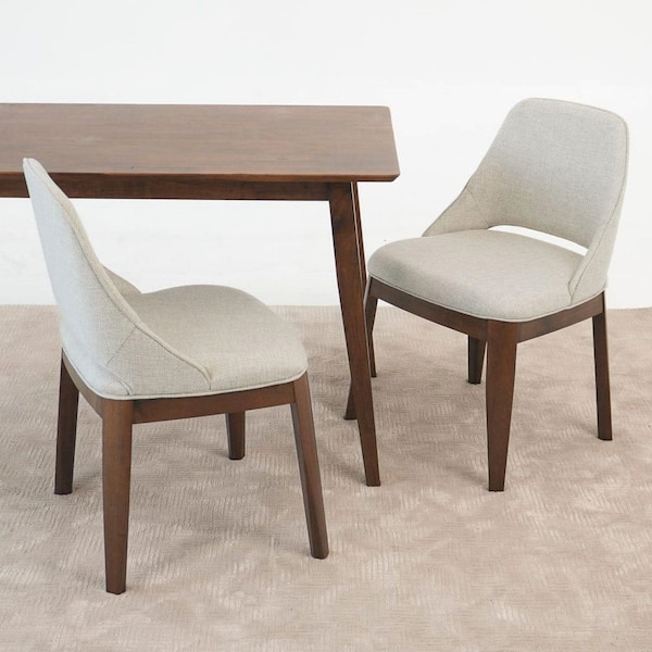 Keene Beige Linen Upholstered Dining Chair, Solid Wood Legs (Set of 2)