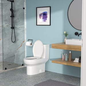 12 in. 1-Piece 1.28 GPF Single Flush Elongated Toilet in White-2 Seat Included with Wax Ring, Bolts, Side Caps