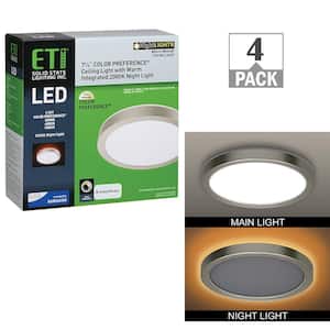 7.5 in. Brushed Nickel Round Color Selectable CCT LED Flush Mount with Night Light Feature Ceiling Light (4-Pack)