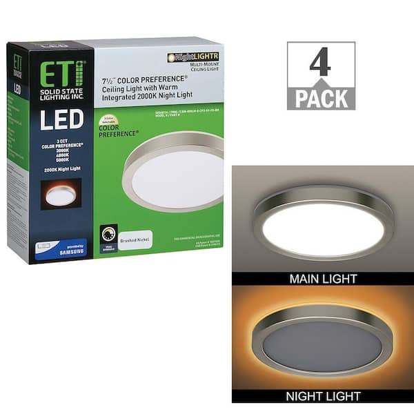 ETI LIGHTING 7.5 in. Brushed Nickel Round LED Flush Mount Ceiling Light Night Light Feature 800 Lumens 12W Adjustable CCT (4-Pack)