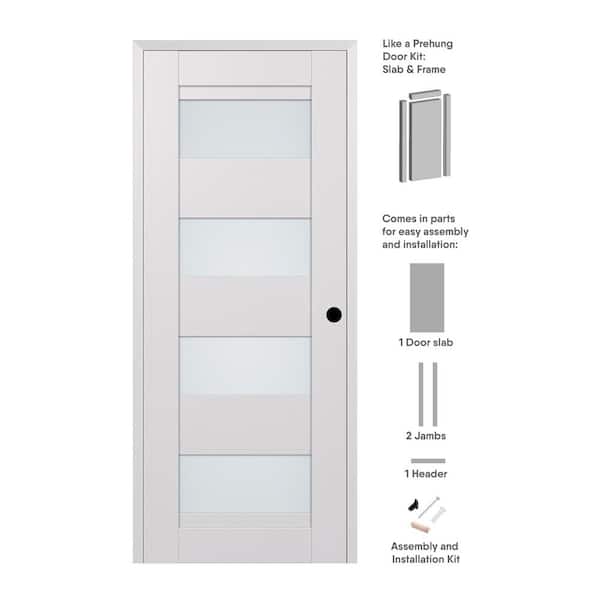 Della 32 in. x 80 in. Left-Hand Frosted Glass Solid Core 4-Lite Bianco Noble Wood Composite Single Prehung Interior Door