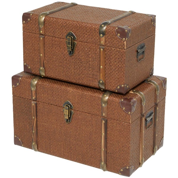 21 in. Brown Plastic Rattan Woven Inspired Trunk with Latches and Leather Accents (Set of 2)