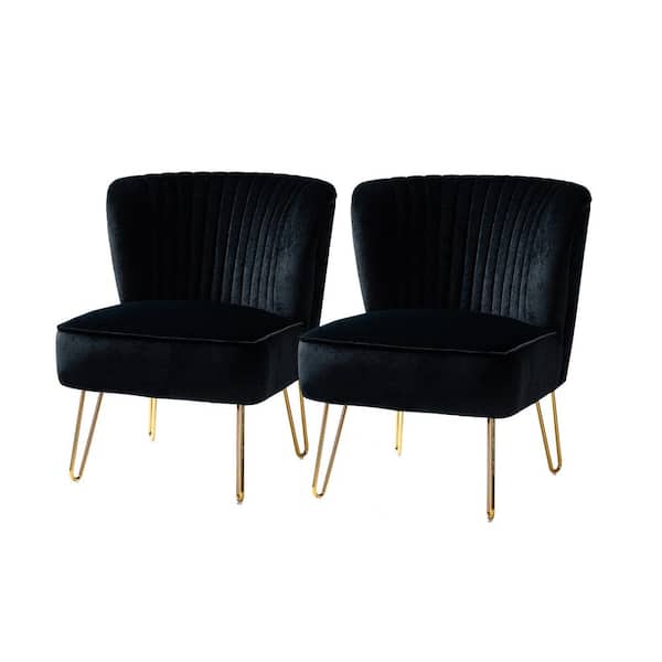 JAYDEN CREATION Alonzo Black Upholstery Tufted Side Wingback Chair with Metal Base (Set of 2)