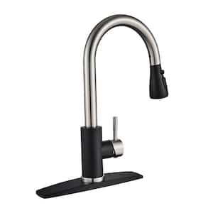 Single Handle Pull Down Sprayer Kitchen Faucet with Deck Plate in Black Nickel