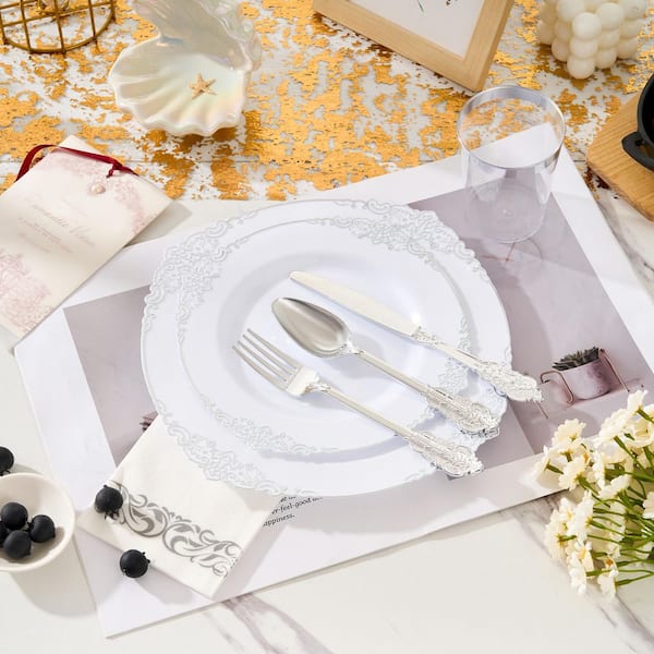 350-Pieces Disposable Silver Plates Dinnerware Set of Plates for Party with Plates Cups Forks Knives Spoons Napkins